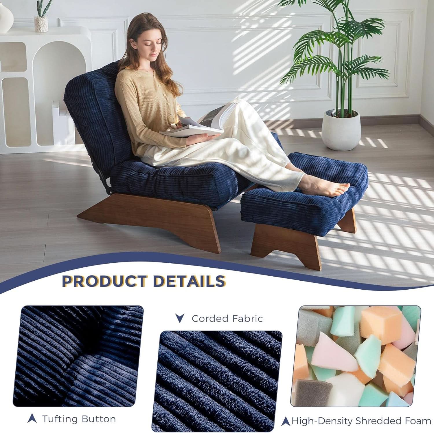 Navy Accent Chair With Adjustable Backrest And Ottoman