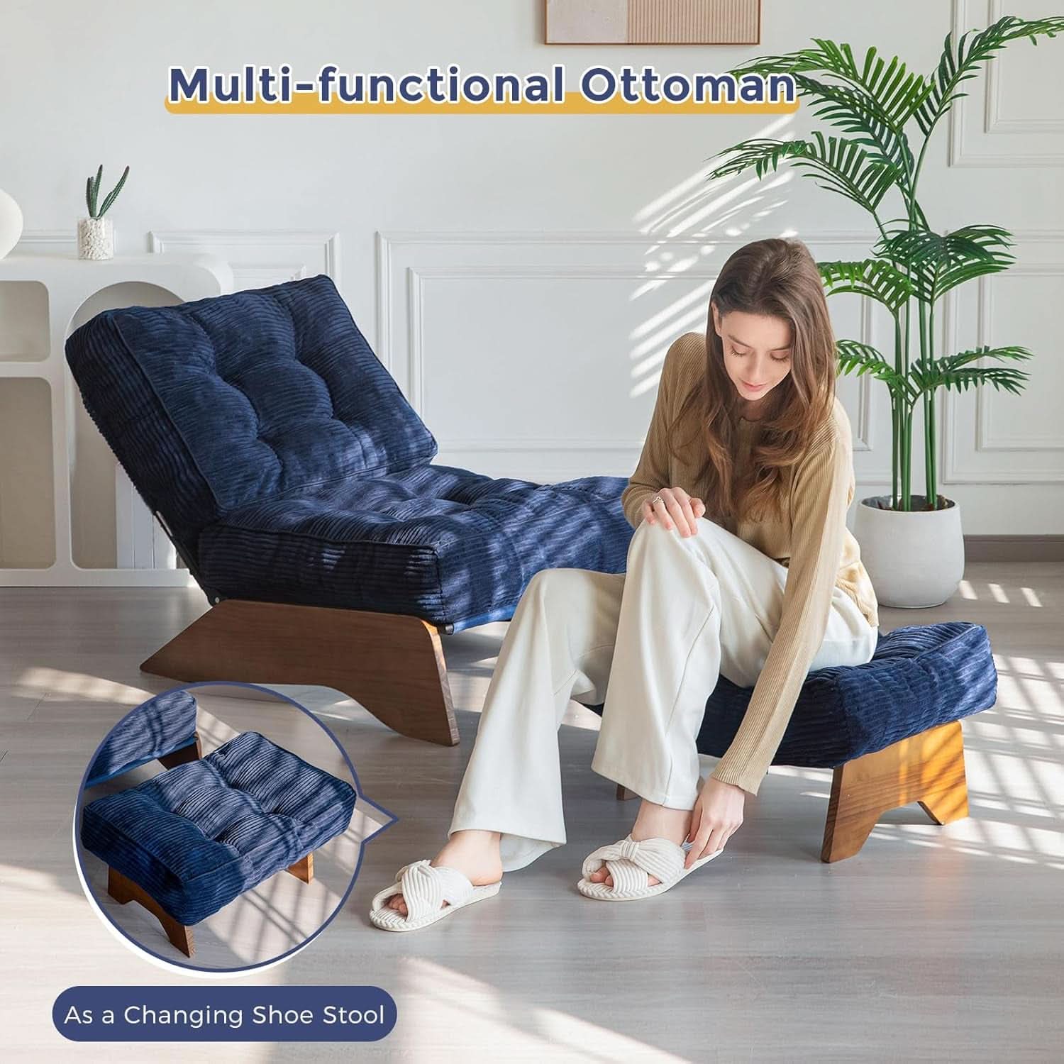 Navy Accent Chair With Adjustable Backrest And Ottoman