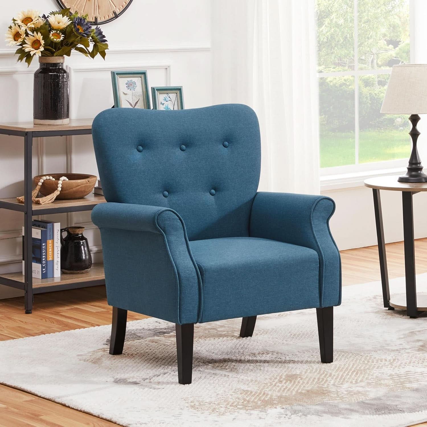 Navy Blue Compact Midcentury Armchair Tufted Backrest