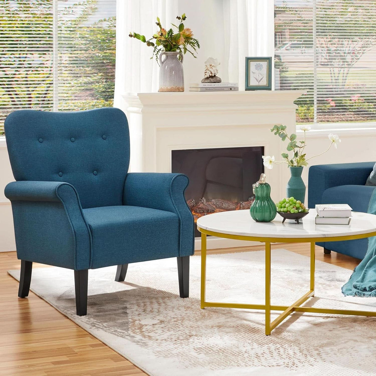 Navy Blue Compact Midcentury Armchair Tufted Backrest