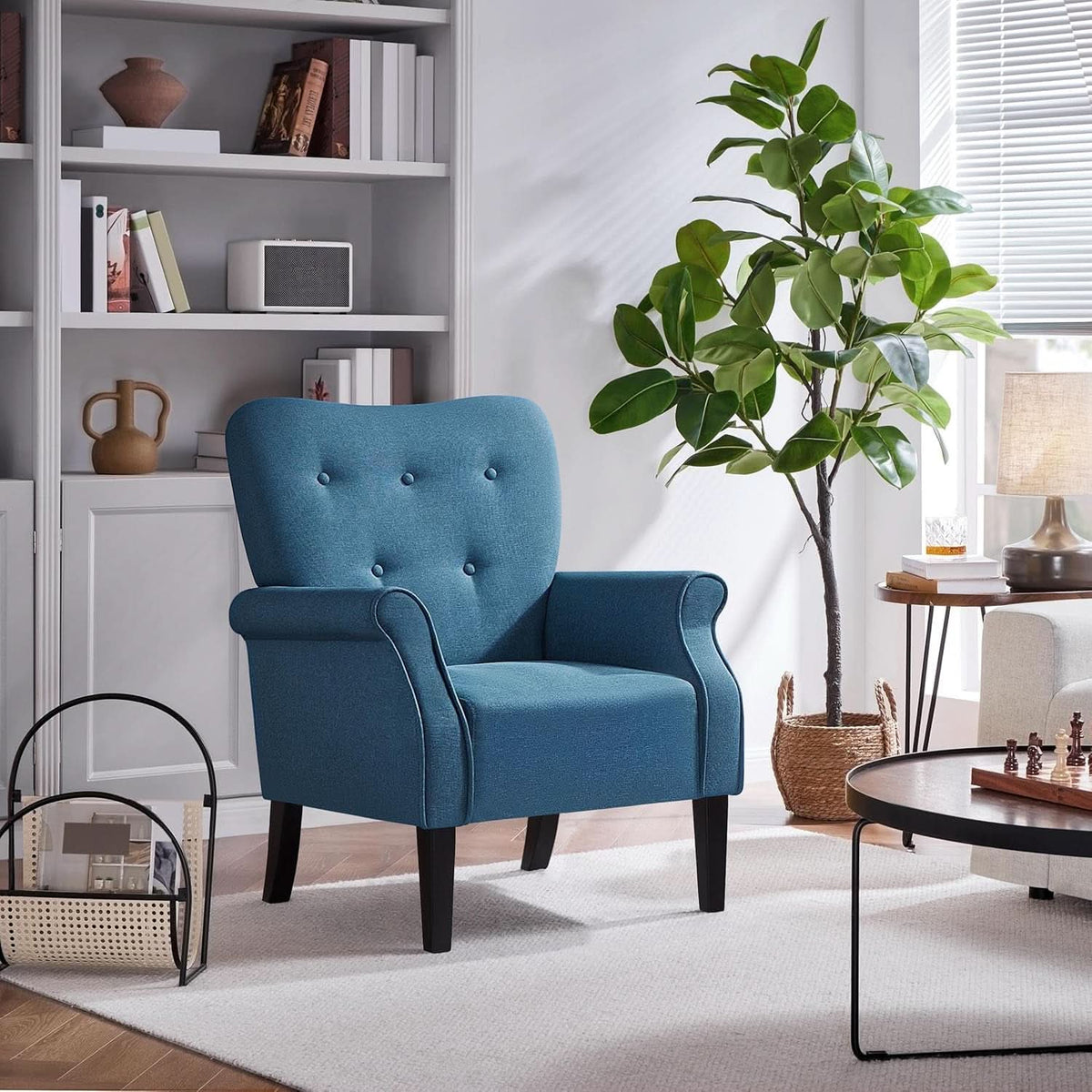 Navy Blue Compact Midcentury Armchair Tufted Backrest