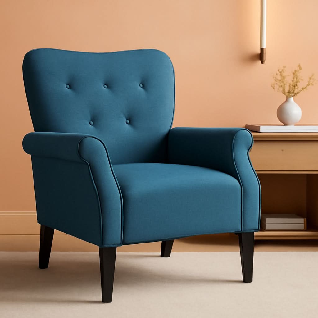 Navy Blue Compact Midcentury Armchair Tufted Backrest
