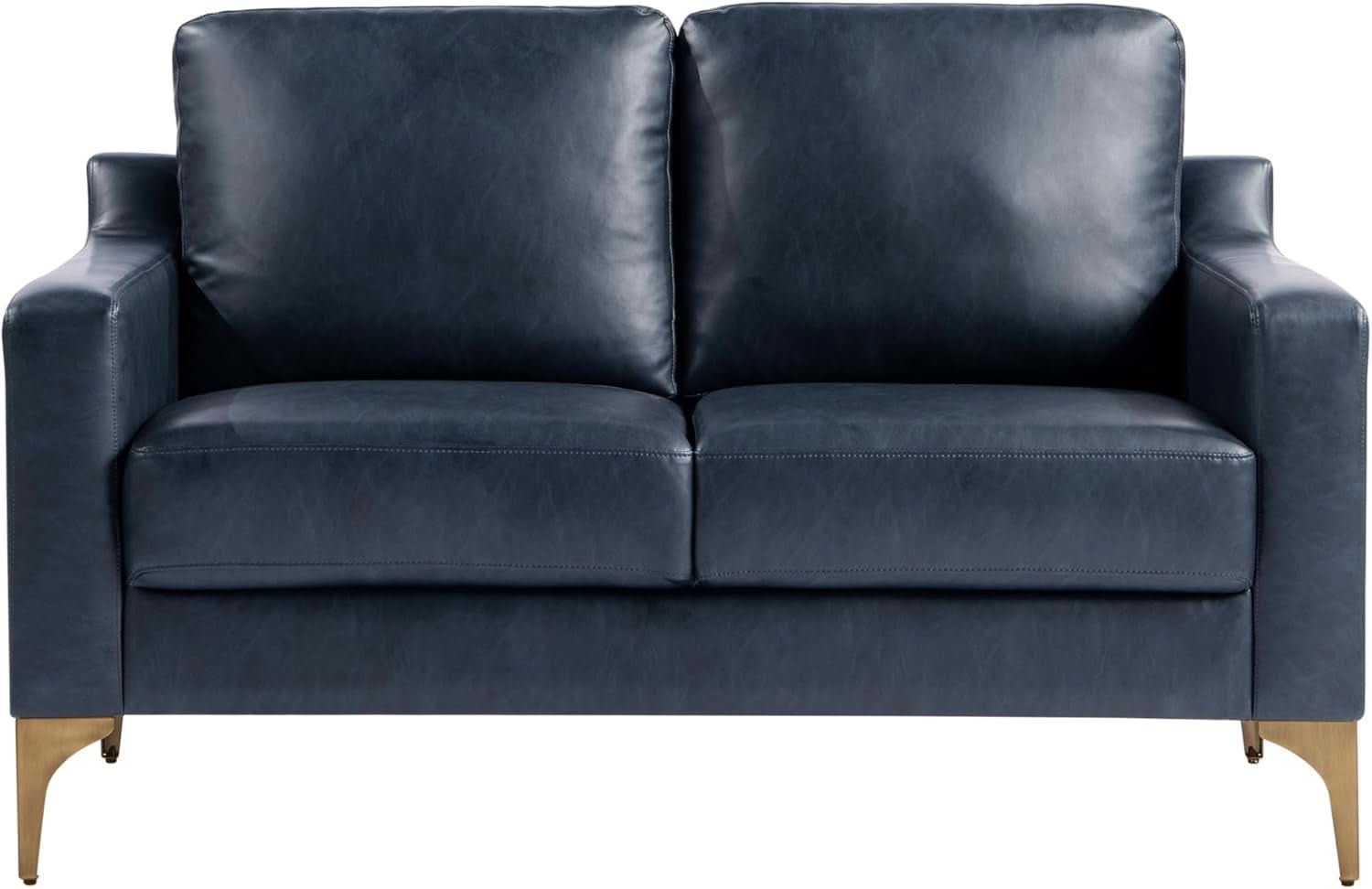 Navy Blue Faux Leather Loveseat With High Density Foam