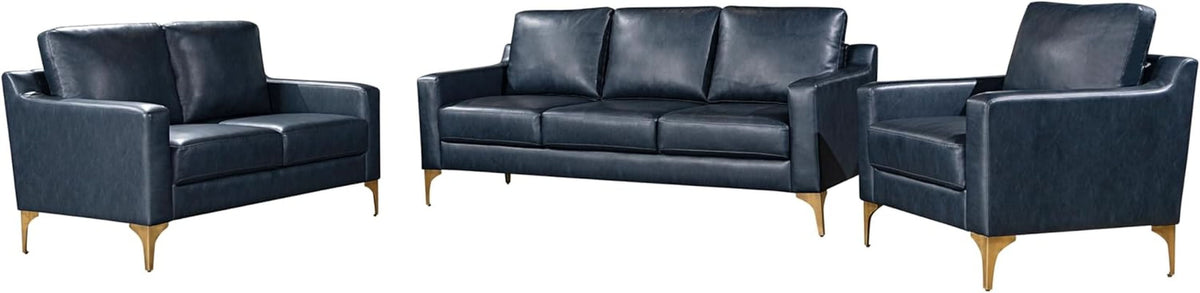 Navy Blue Faux Leather Loveseat With High Density Foam