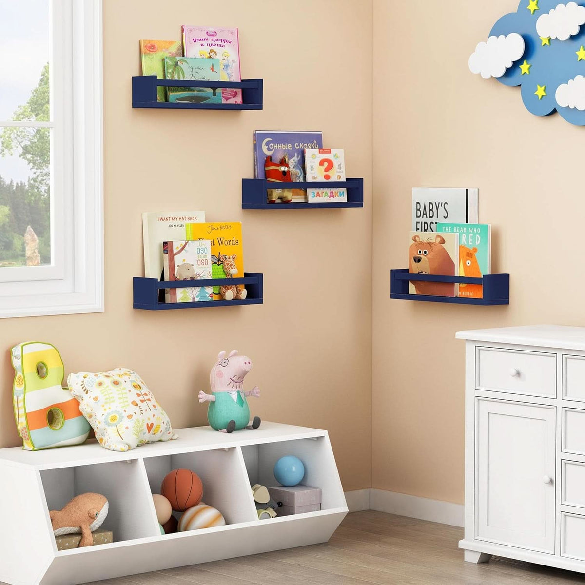 Navy Blue Floating Book Shelves Set of 4 Wall Mounted