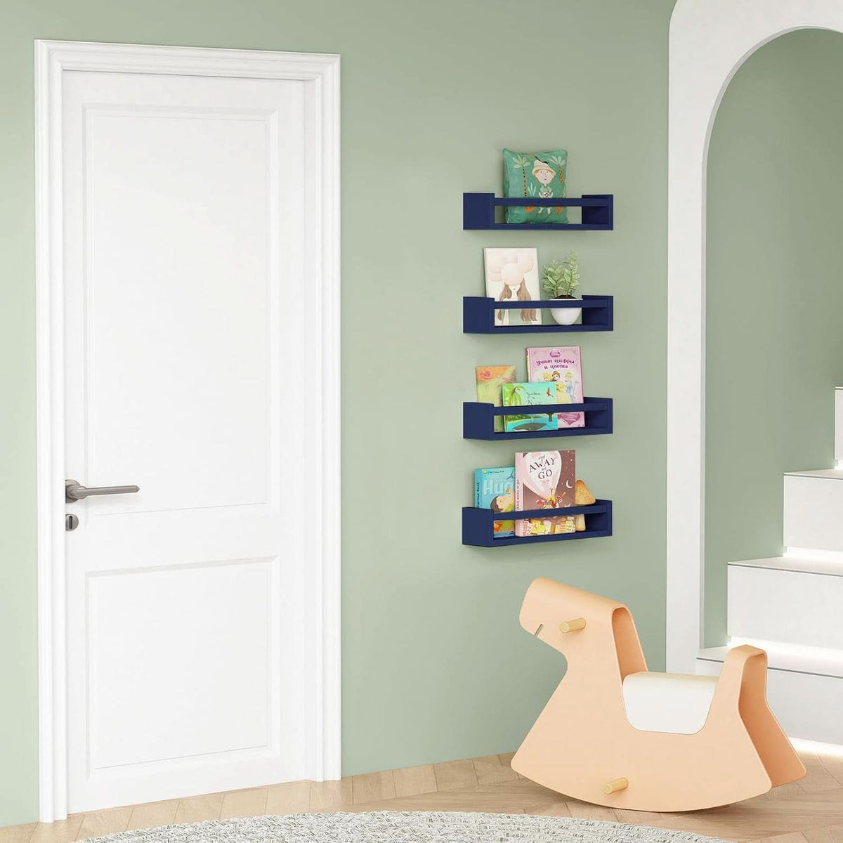 Navy Blue Floating Book Shelves Set of 4 Wall Mounted