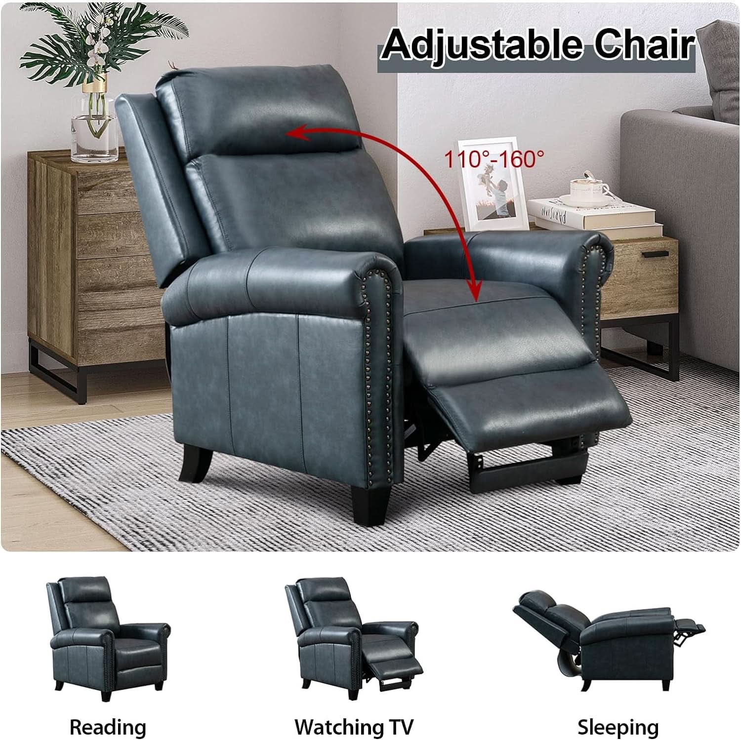 Navy Blue Leather Recliner Chair Push Back Compact