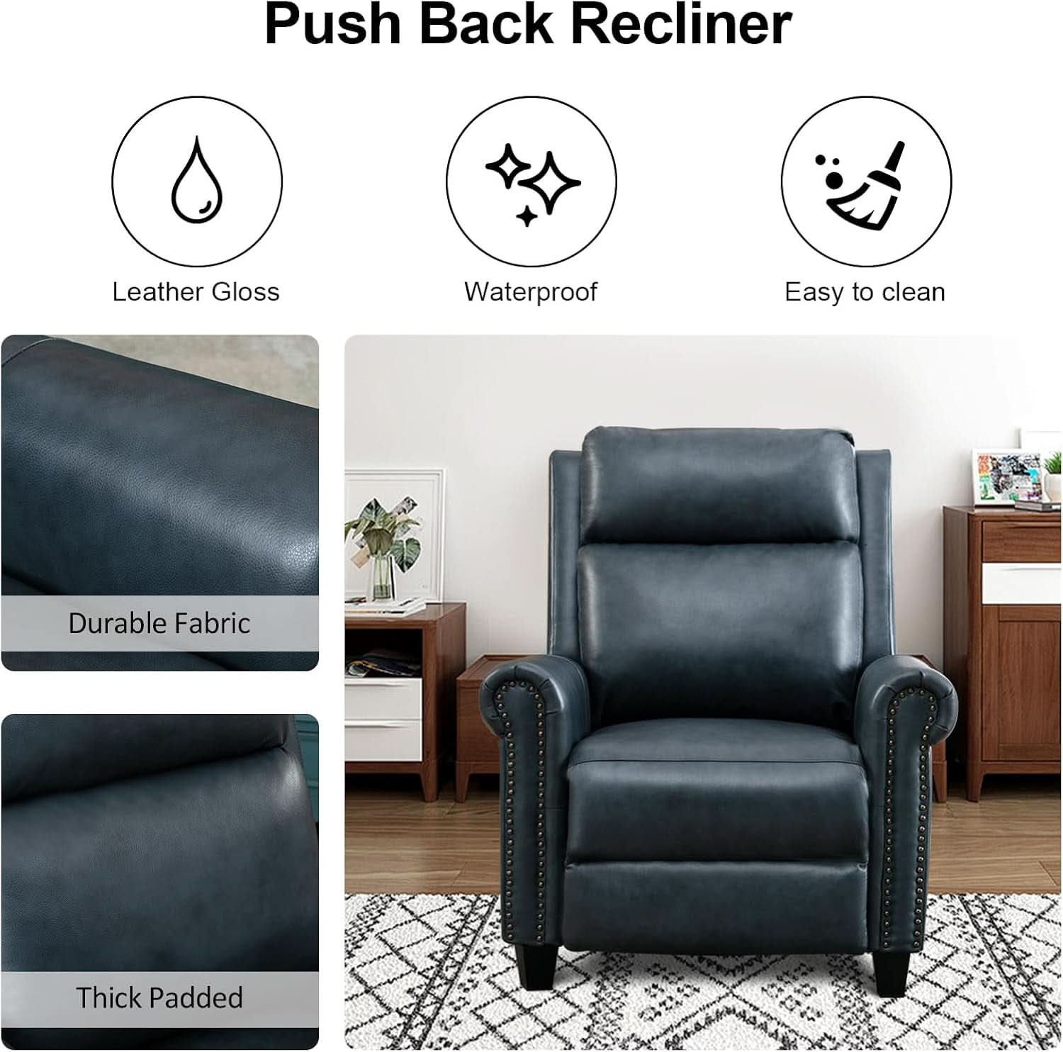 Navy Blue Leather Recliner Chair Push Back Compact
