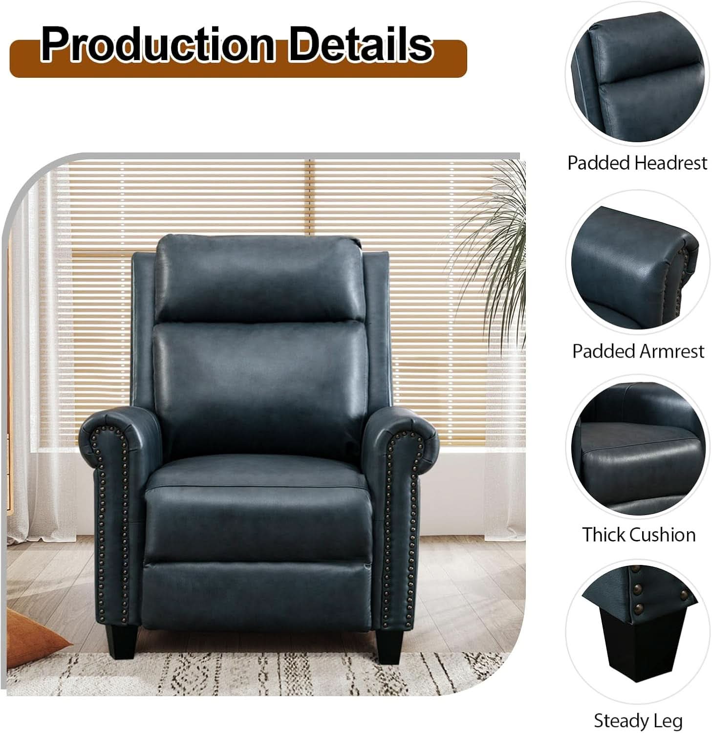 Navy Blue Leather Recliner Chair Push Back Compact