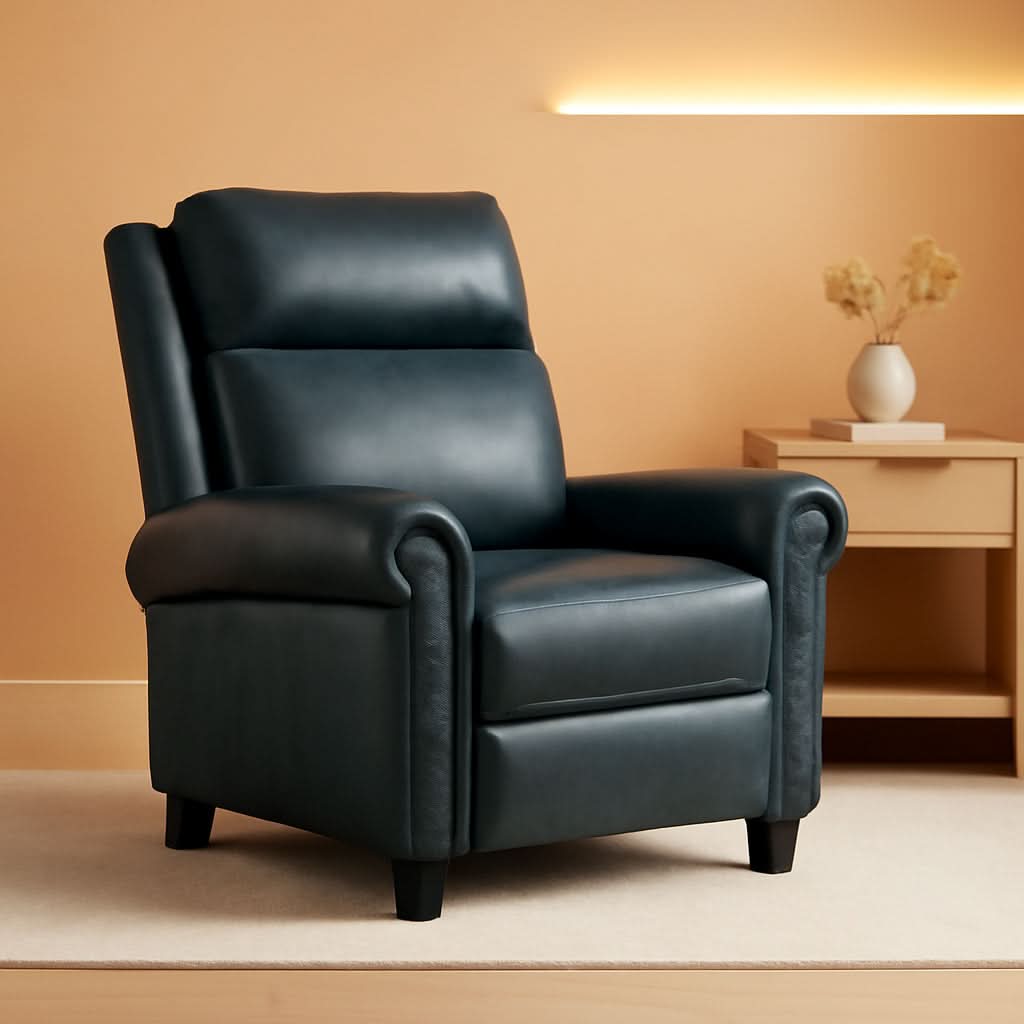 Navy Blue Leather Recliner Chair Push Back Compact
