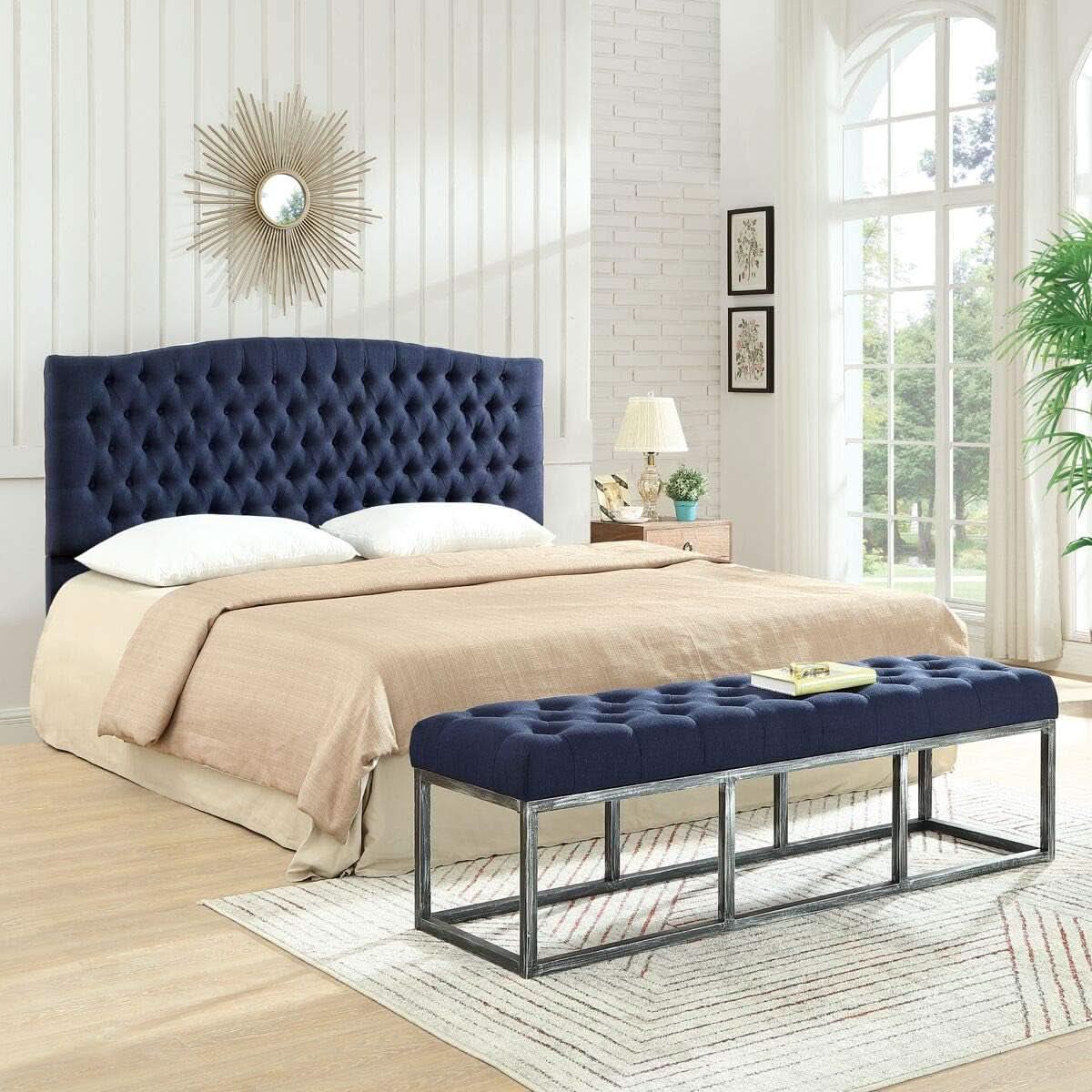 Navy Blue Linen Tufted King Headboard with Comfort