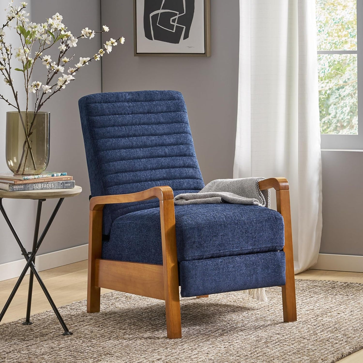 Navy Blue Mid Century Modern Push Back Recliner Chair