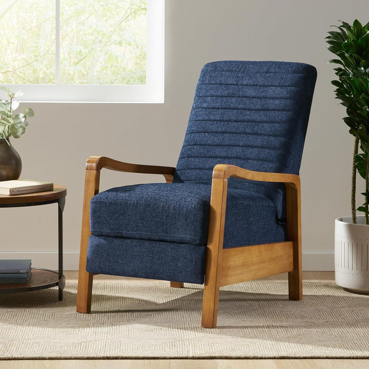 Navy Blue Mid Century Modern Push Back Recliner Chair