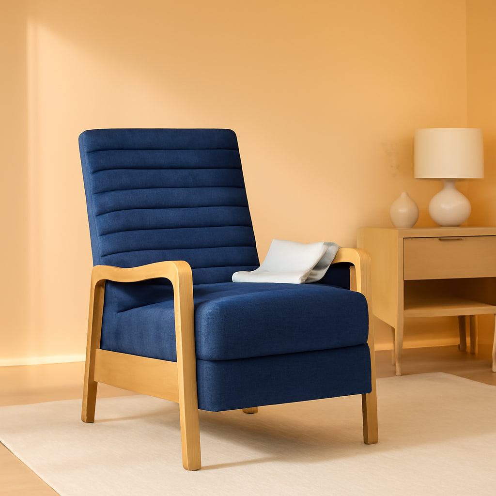 Navy Blue Mid Century Modern Push Back Recliner Chair