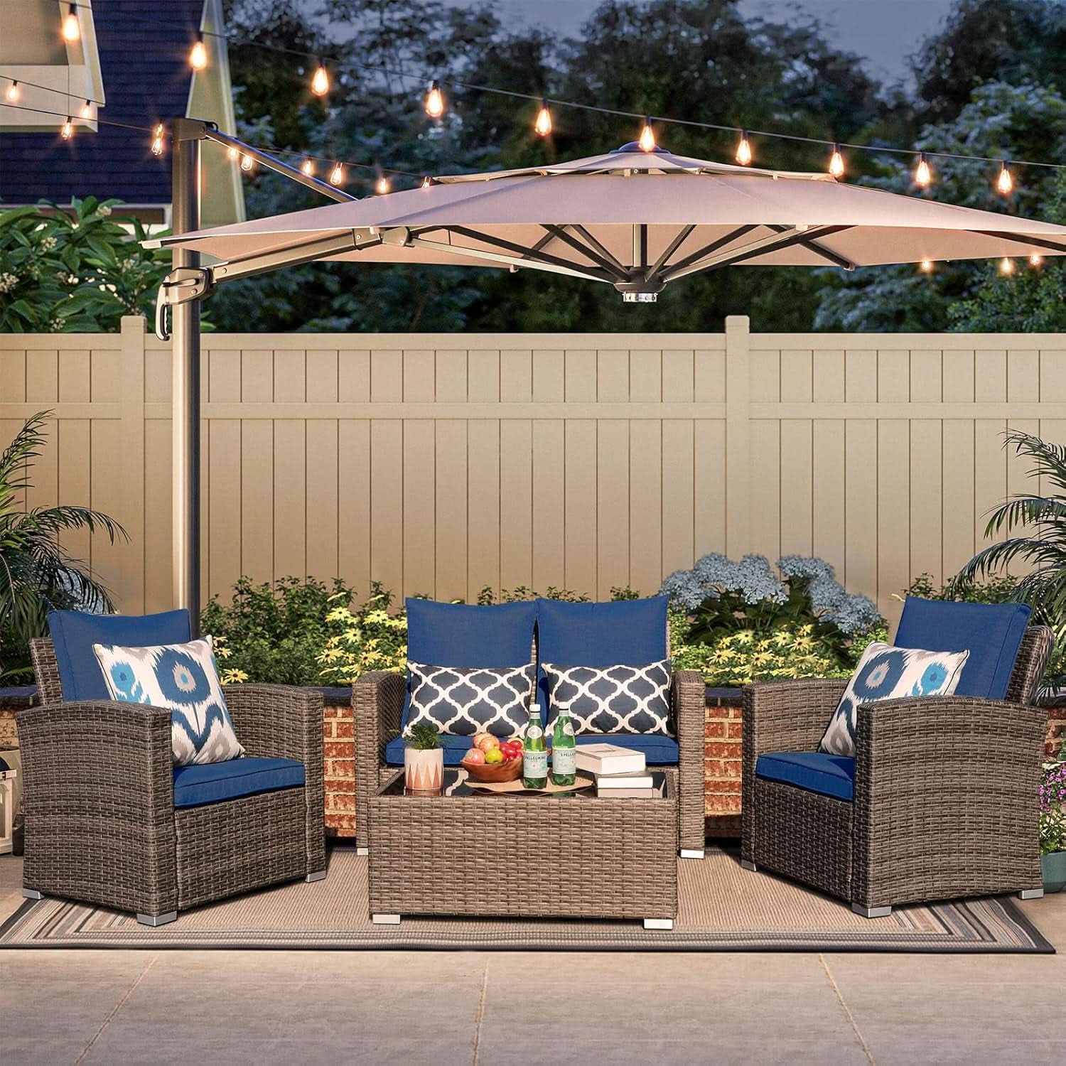 Navy Blue Outdoor Rattan Patio Furniture Set for Gatherings