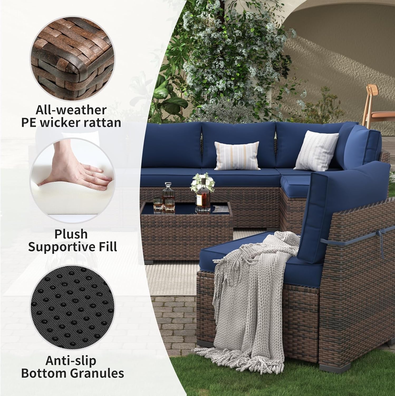 Navy Blue Outdoor Rattan Sofa Set with Coffee Table
