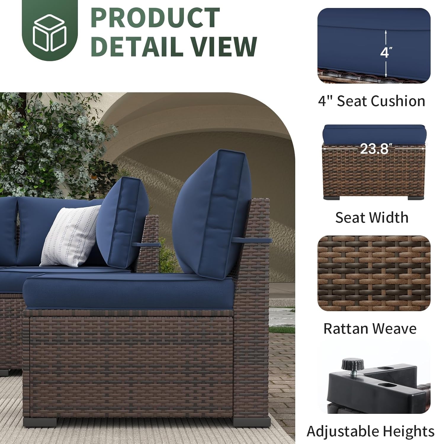 Navy Blue Outdoor Rattan Sofa Set with Coffee Table