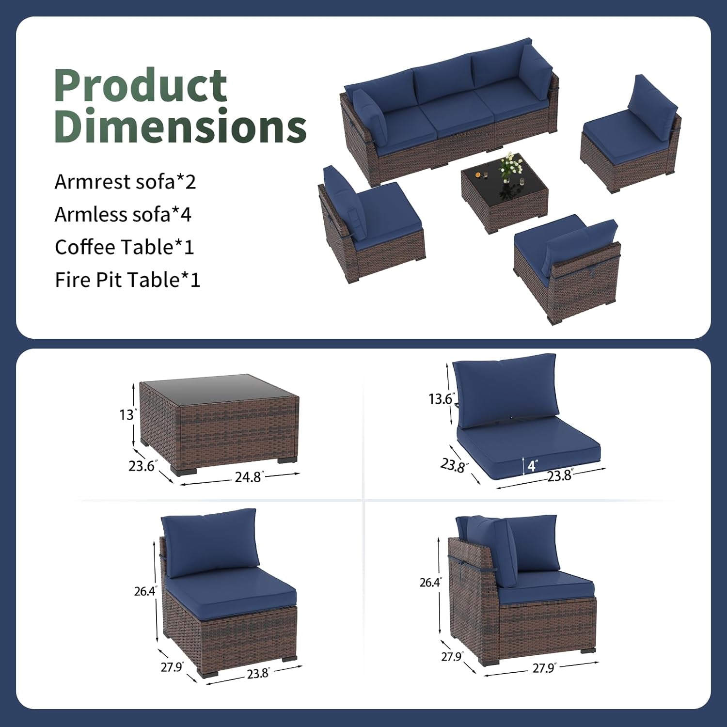 Navy Blue Outdoor Rattan Sofa Set with Coffee Table