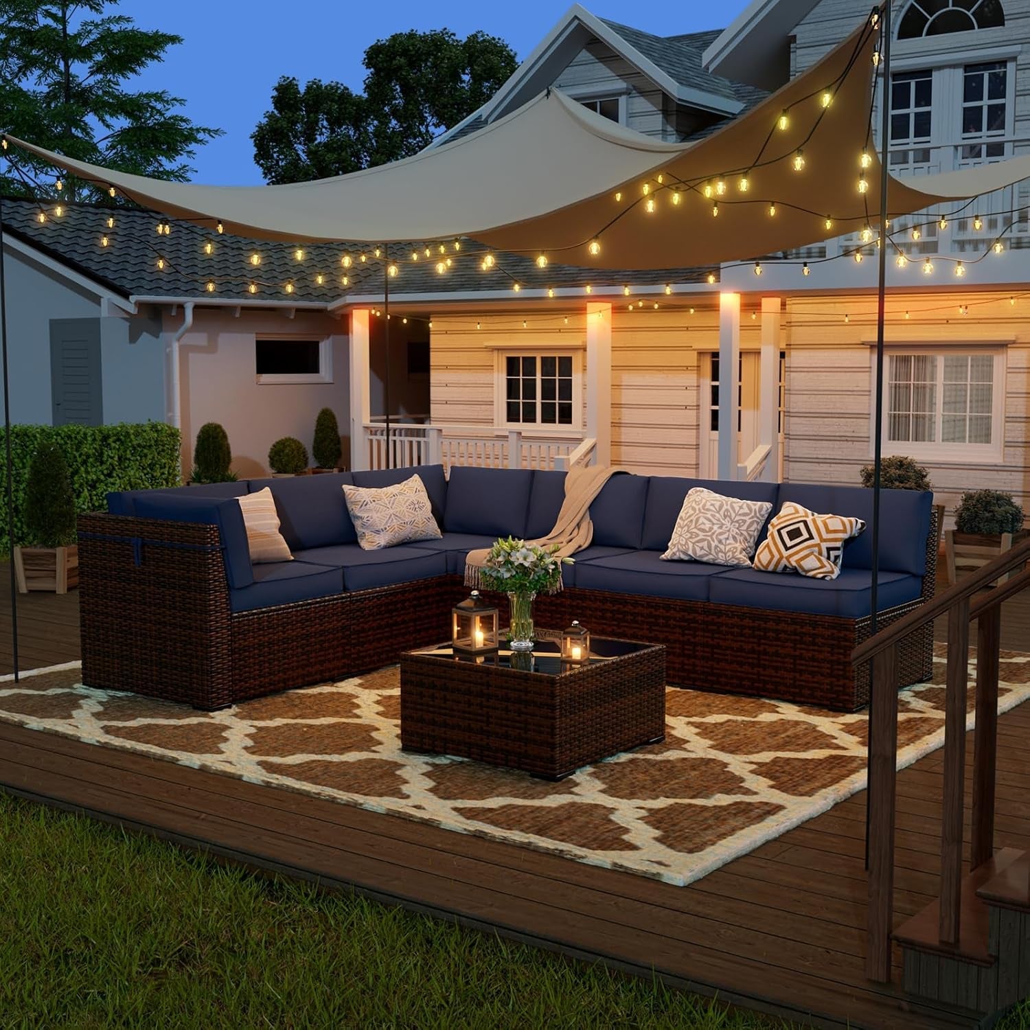 Navy Blue Outdoor Rattan Sofa Set with Coffee Table