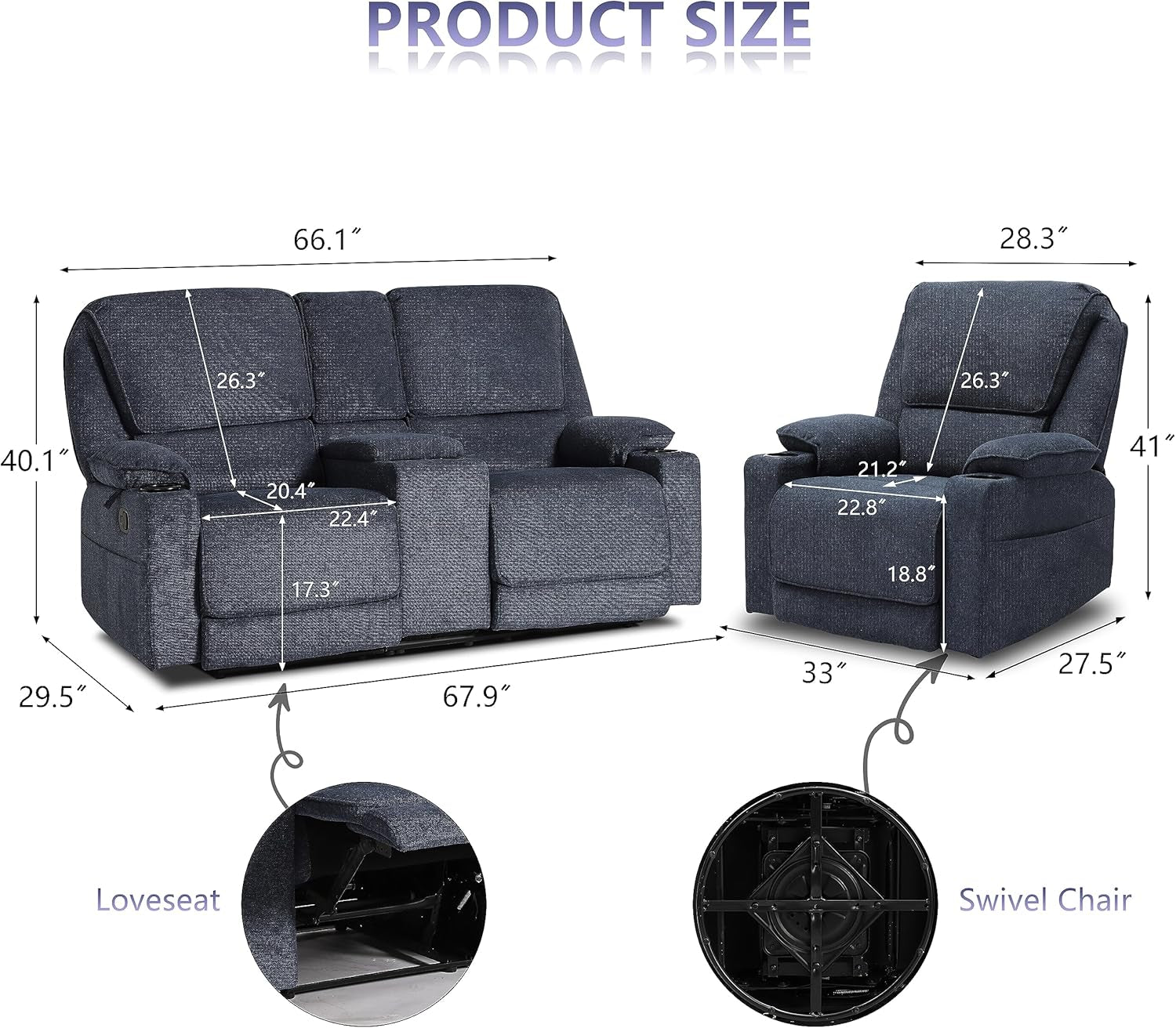 Navy Blue Reclining Living Room Set With Loveseat And Swivel Chair Cup Holders