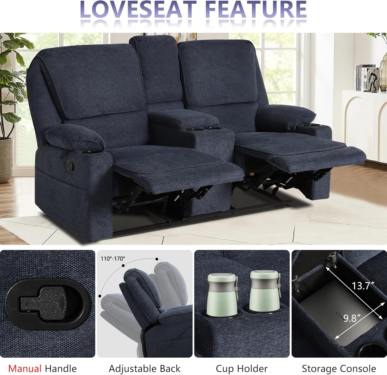 Navy Blue Reclining Living Room Set With Loveseat And Swivel Chair Cup Holders
