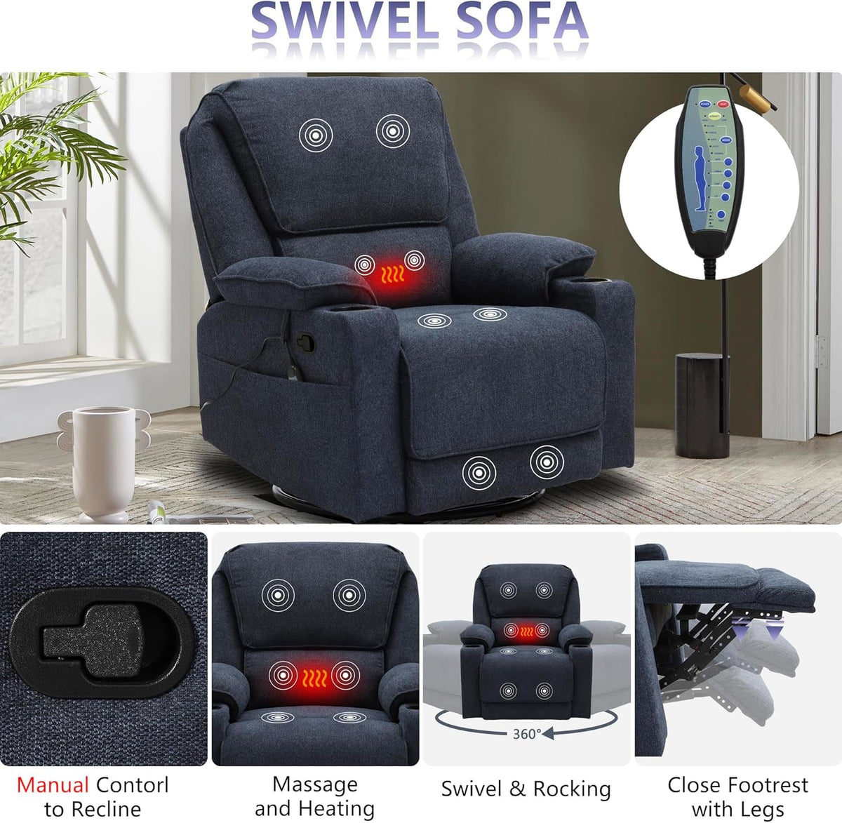 Navy Blue Reclining Living Room Set With Loveseat And Swivel Chair Cup Holders