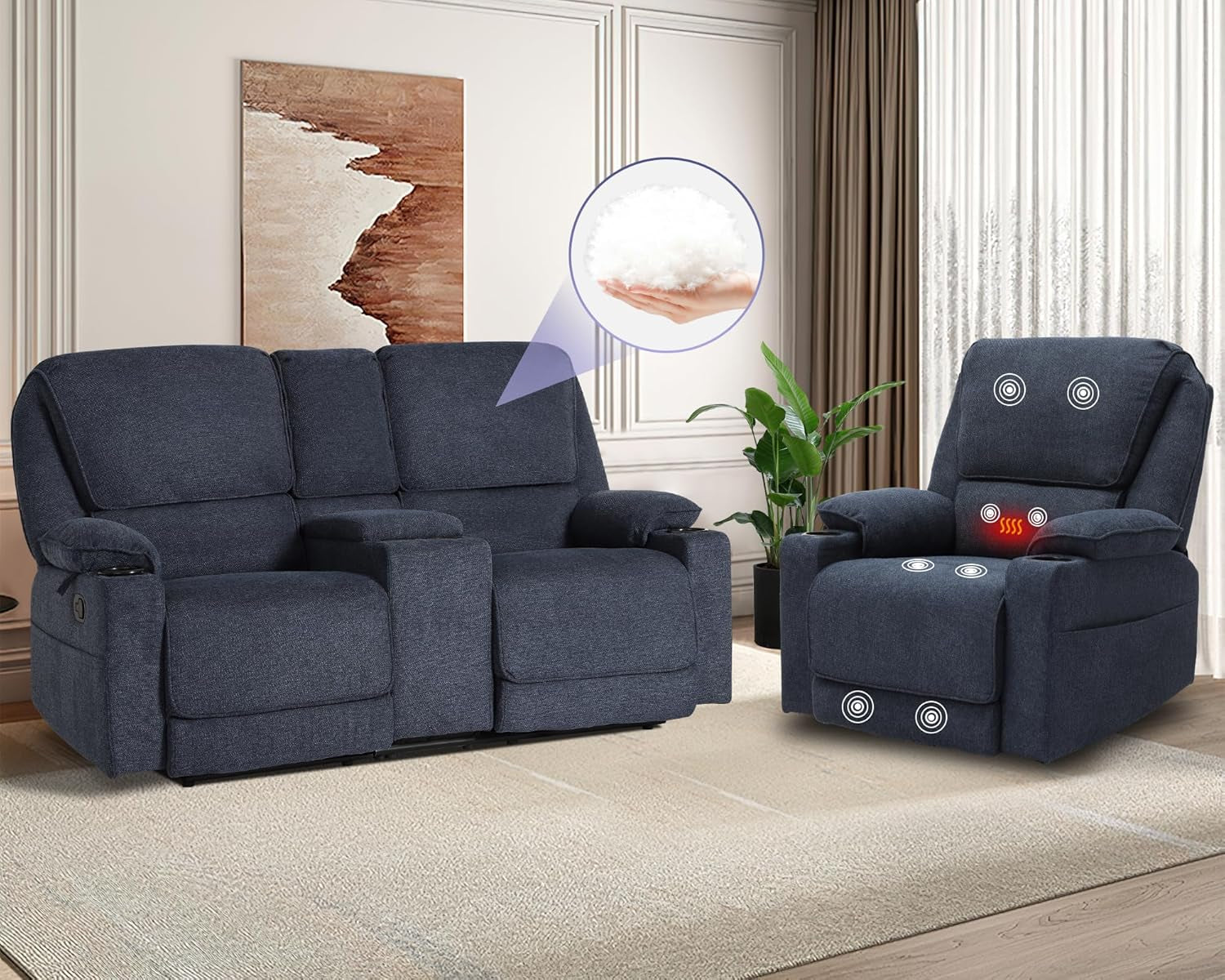 Navy Blue Reclining Living Room Set With Loveseat And Swivel Chair Cup Holders