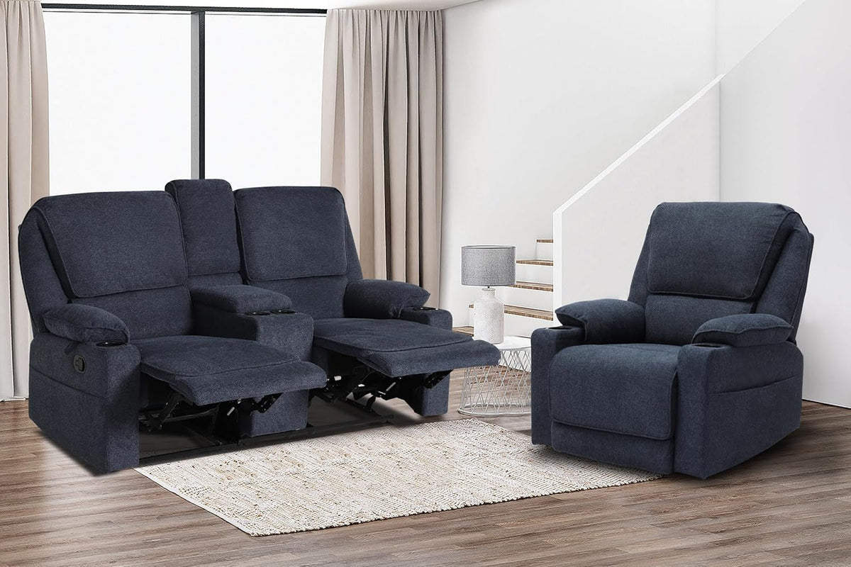 Navy Blue Reclining Living Room Set With Loveseat And Swivel Chair Cup Holders