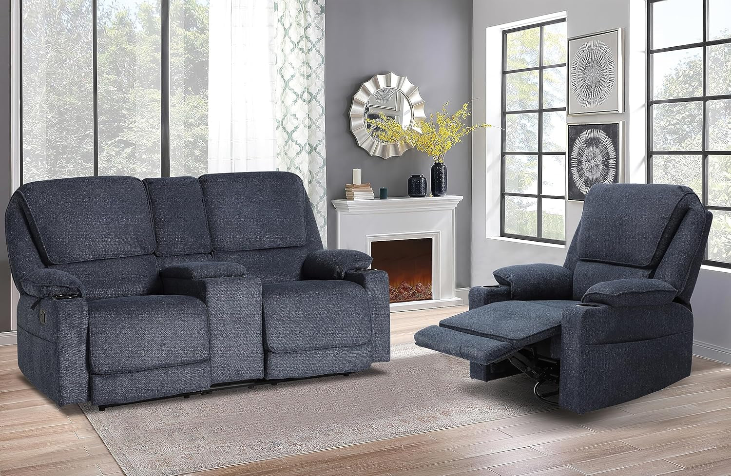 Navy Blue Reclining Living Room Set With Loveseat And Swivel Chair Cup Holders