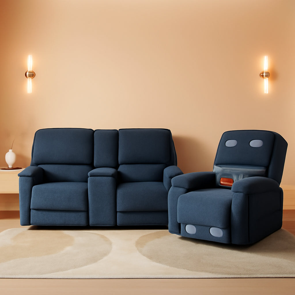 Navy Blue Reclining Living Room Set With Loveseat And Swivel Chair Cup Holders