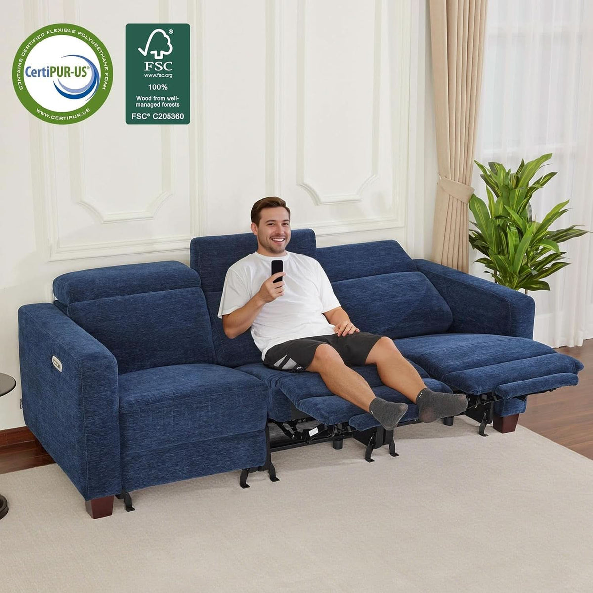 Navy Blue Zero Wall Hugger Power Reclining Sofa USB Ports