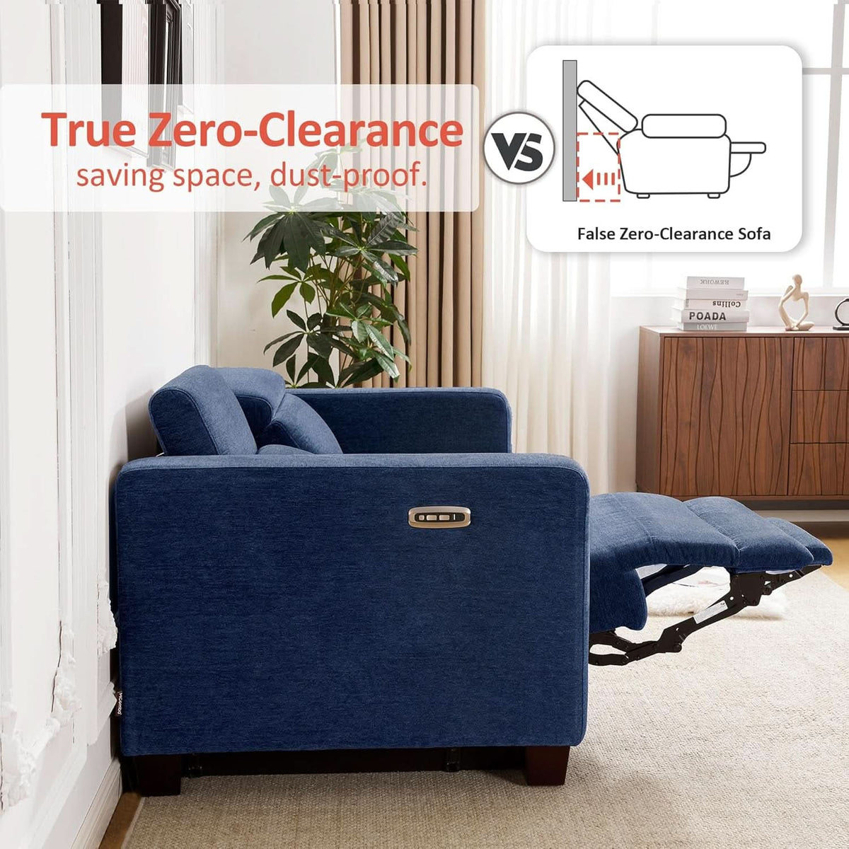 Navy Blue Zero Wall Hugger Power Reclining Sofa USB Ports