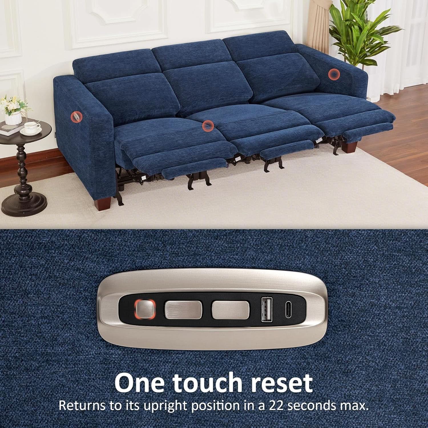 Navy Blue Zero Wall Hugger Power Reclining Sofa USB Ports