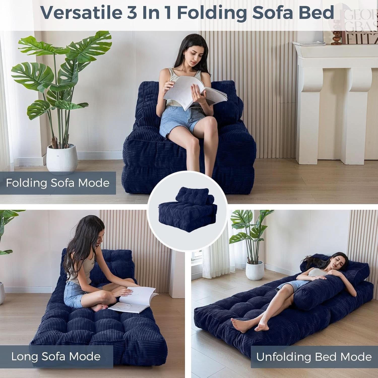 Navy Folding Sofa Bed Convertible Sleeper Chair With Back Support