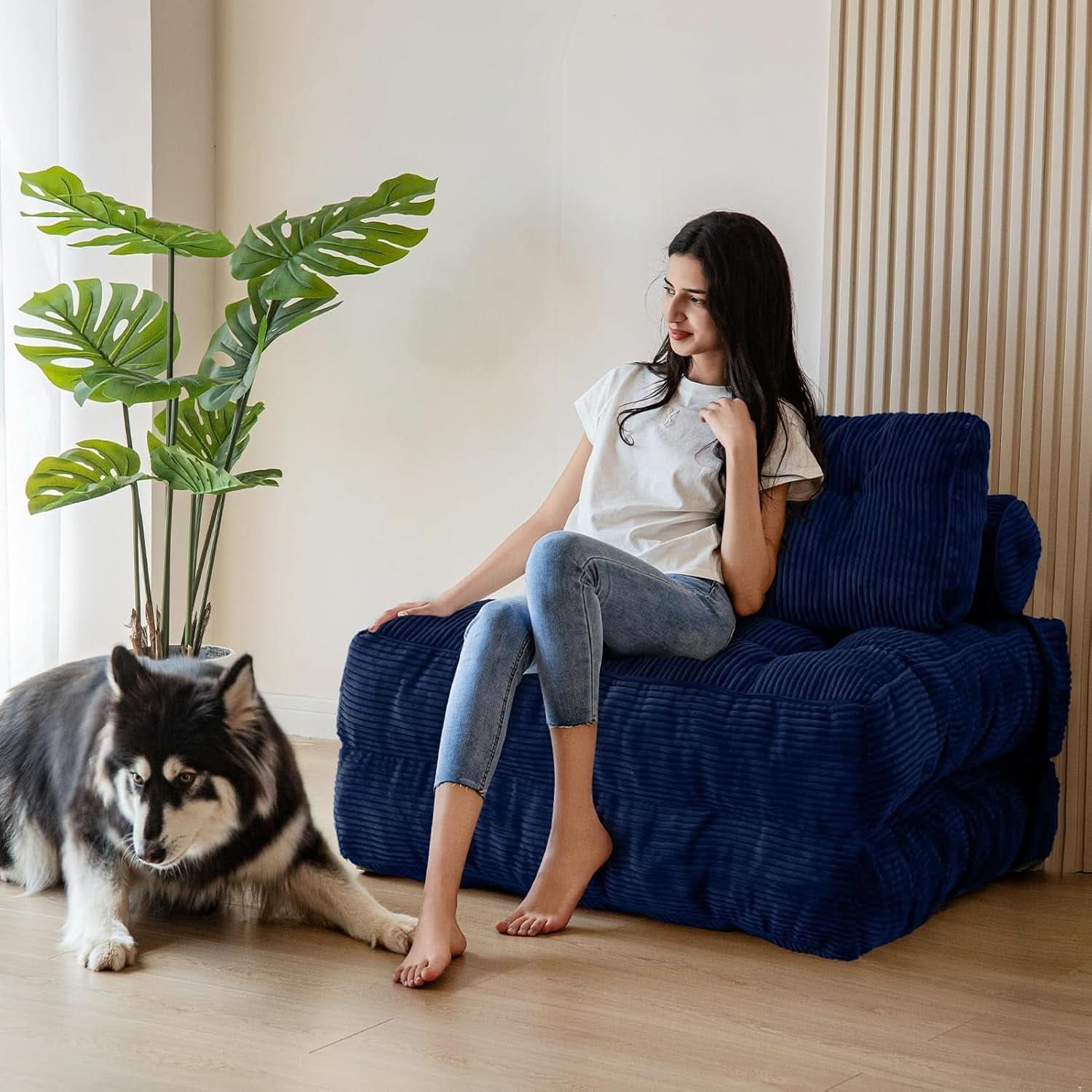 Navy Folding Sofa Bed Convertible Sleeper Chair With Back Support