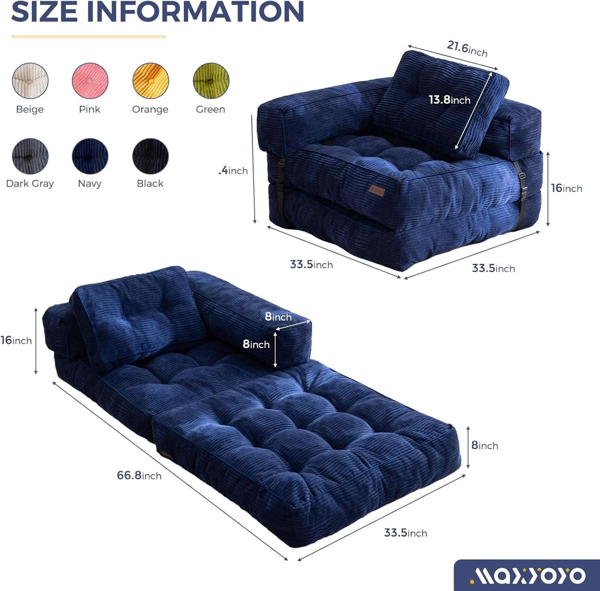 Navy Folding Sofa Bed With Armrests For Living Room