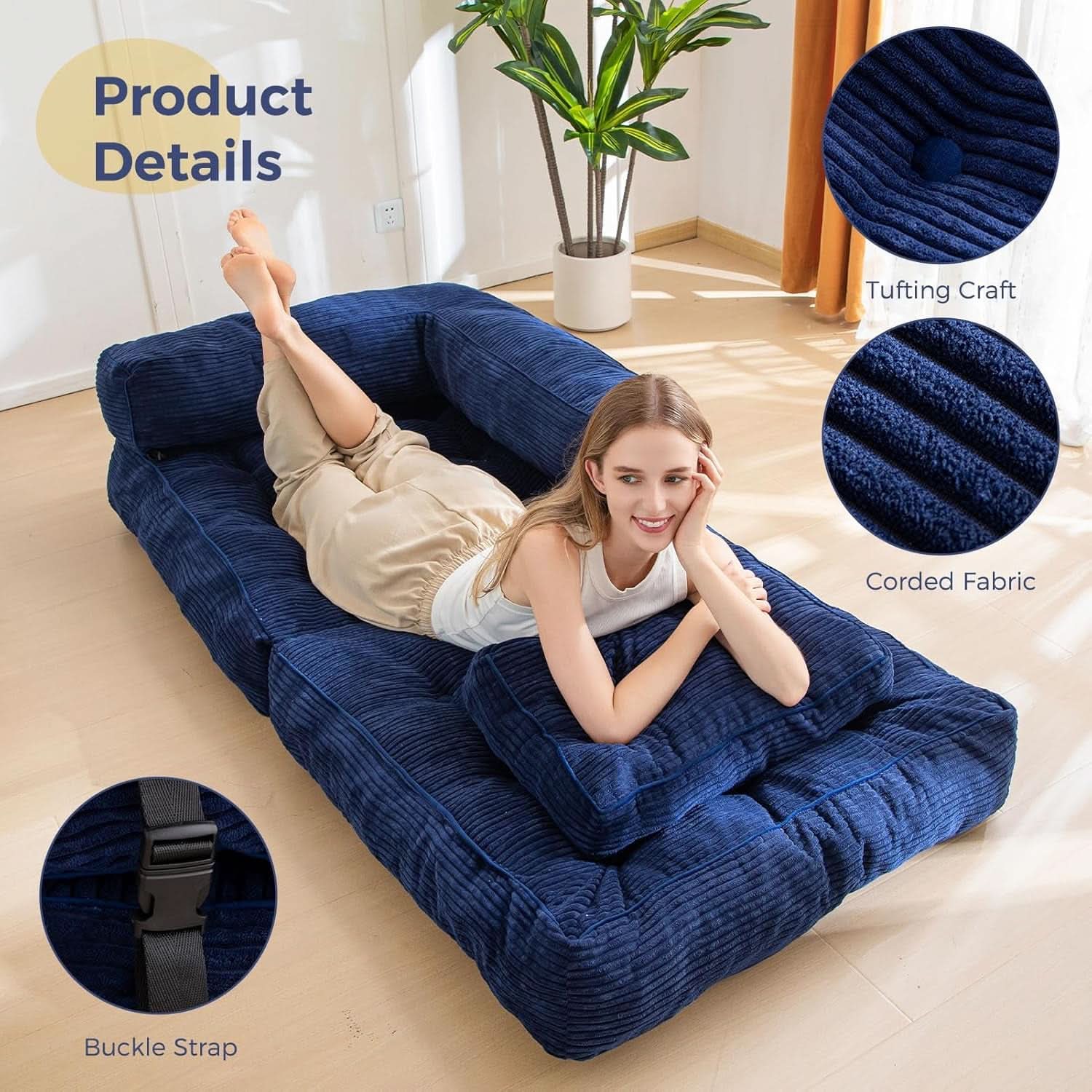 Navy Folding Sofa Bed With Armrests For Living Room