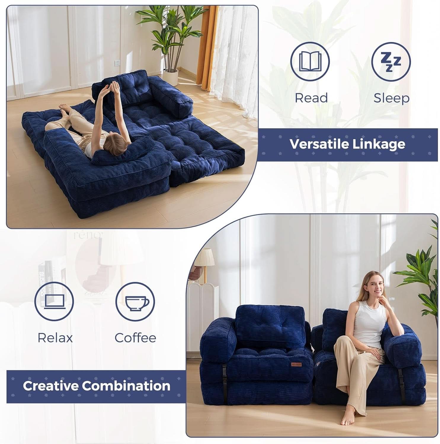 Navy Folding Sofa Bed With Armrests For Living Room
