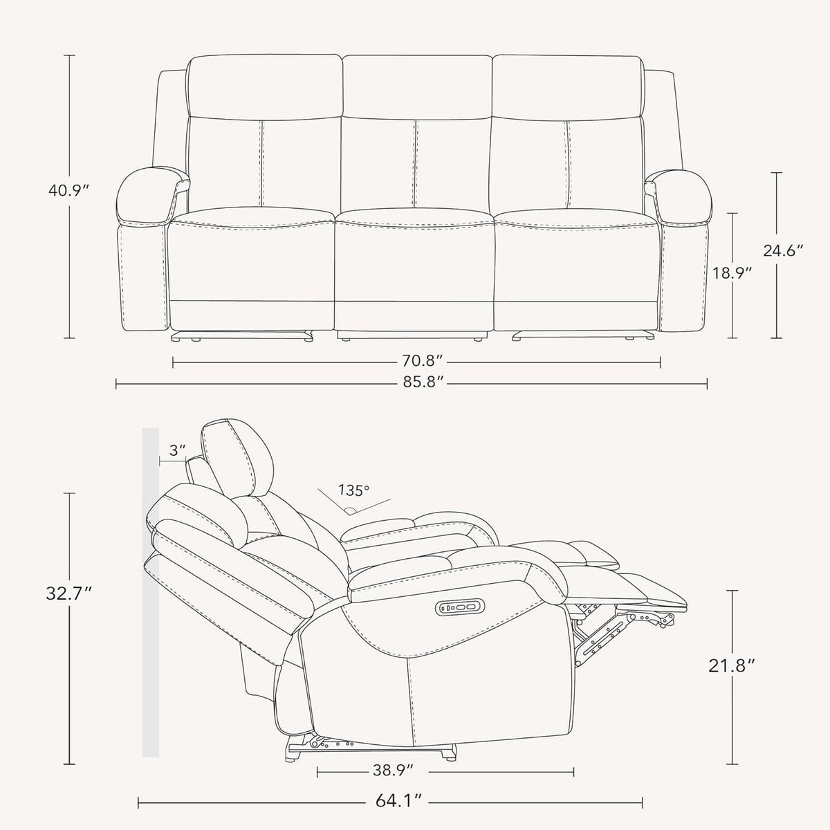 Navy Genuine Leather Power Recliner Sofa With USB Type C