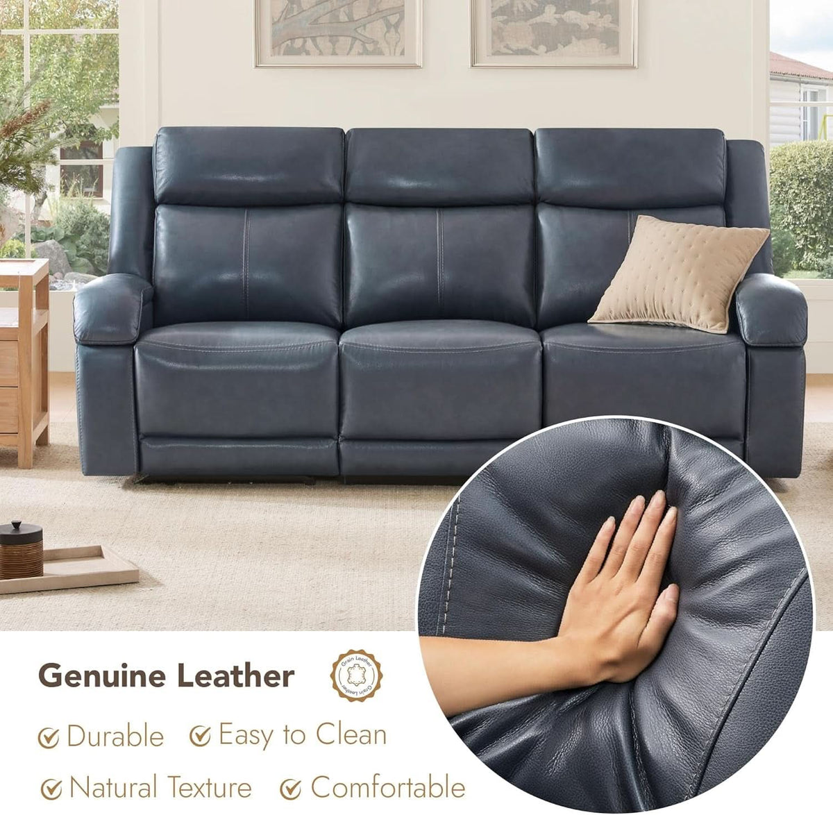 Navy Genuine Leather Power Recliner Sofa With USB Type C