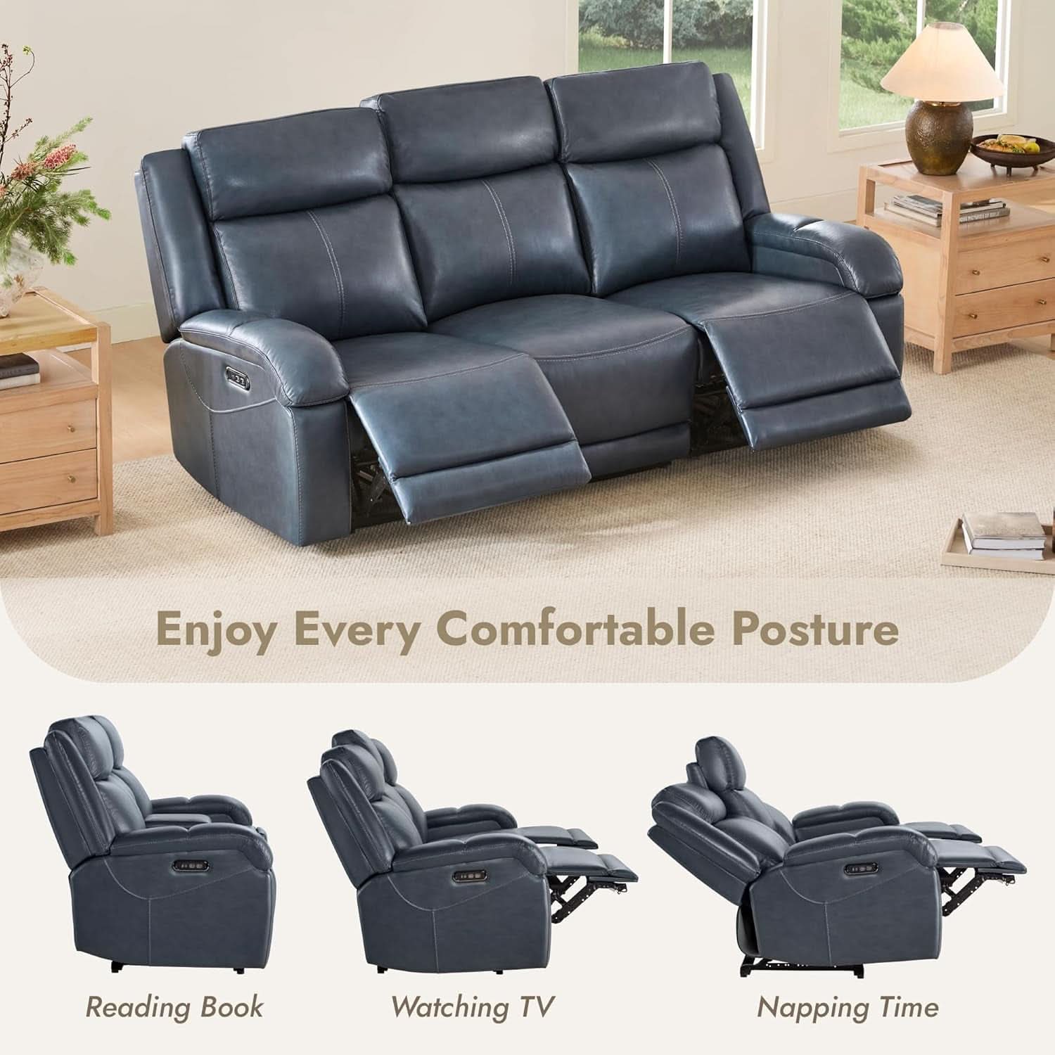 Navy Genuine Leather Power Recliner Sofa With USB Type C