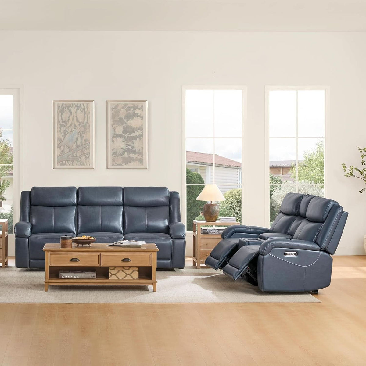 Navy Genuine Leather Power Recliner Sofa With USB Type C