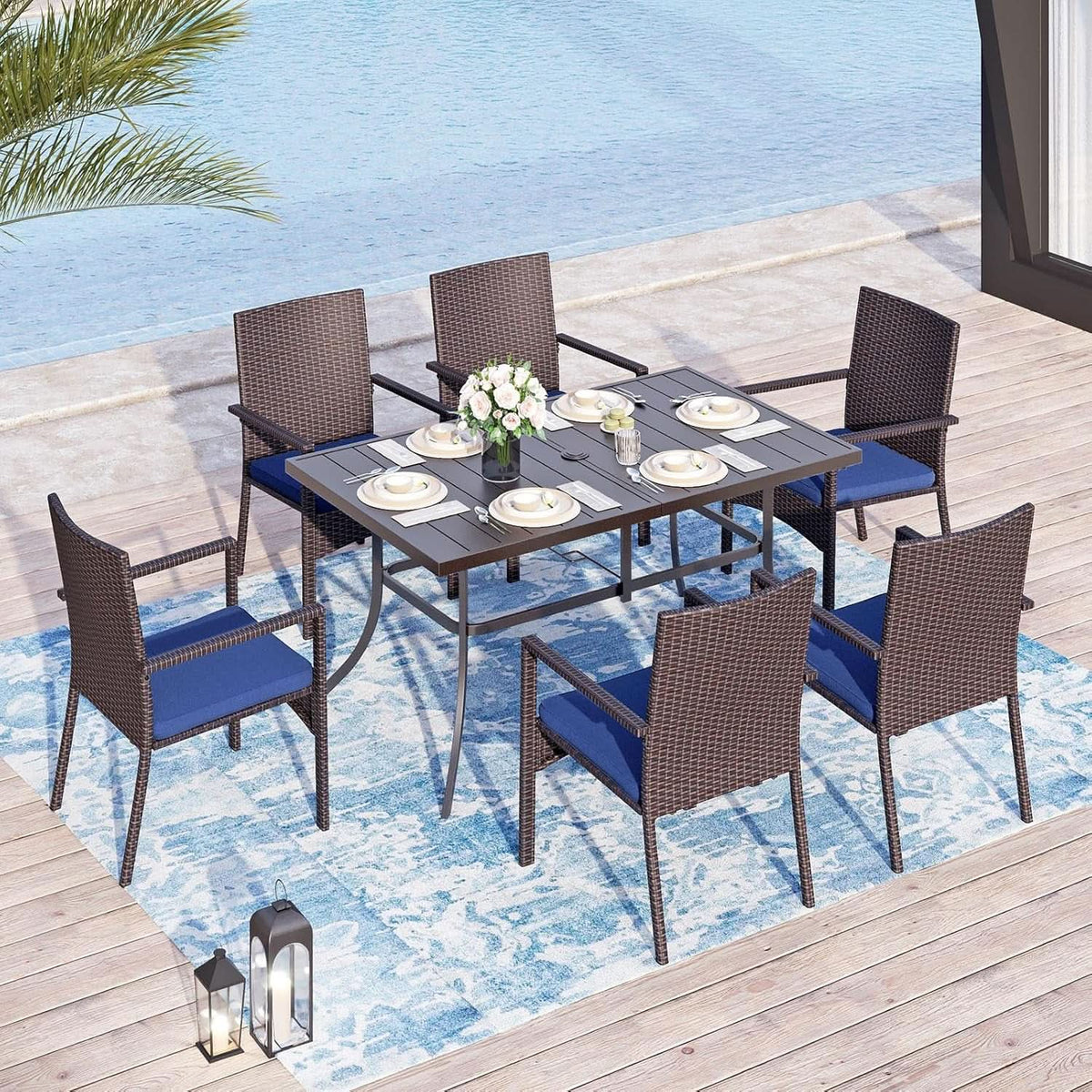 Navy Outdoor Patio Table And Chairs Set With Umbrella For 6