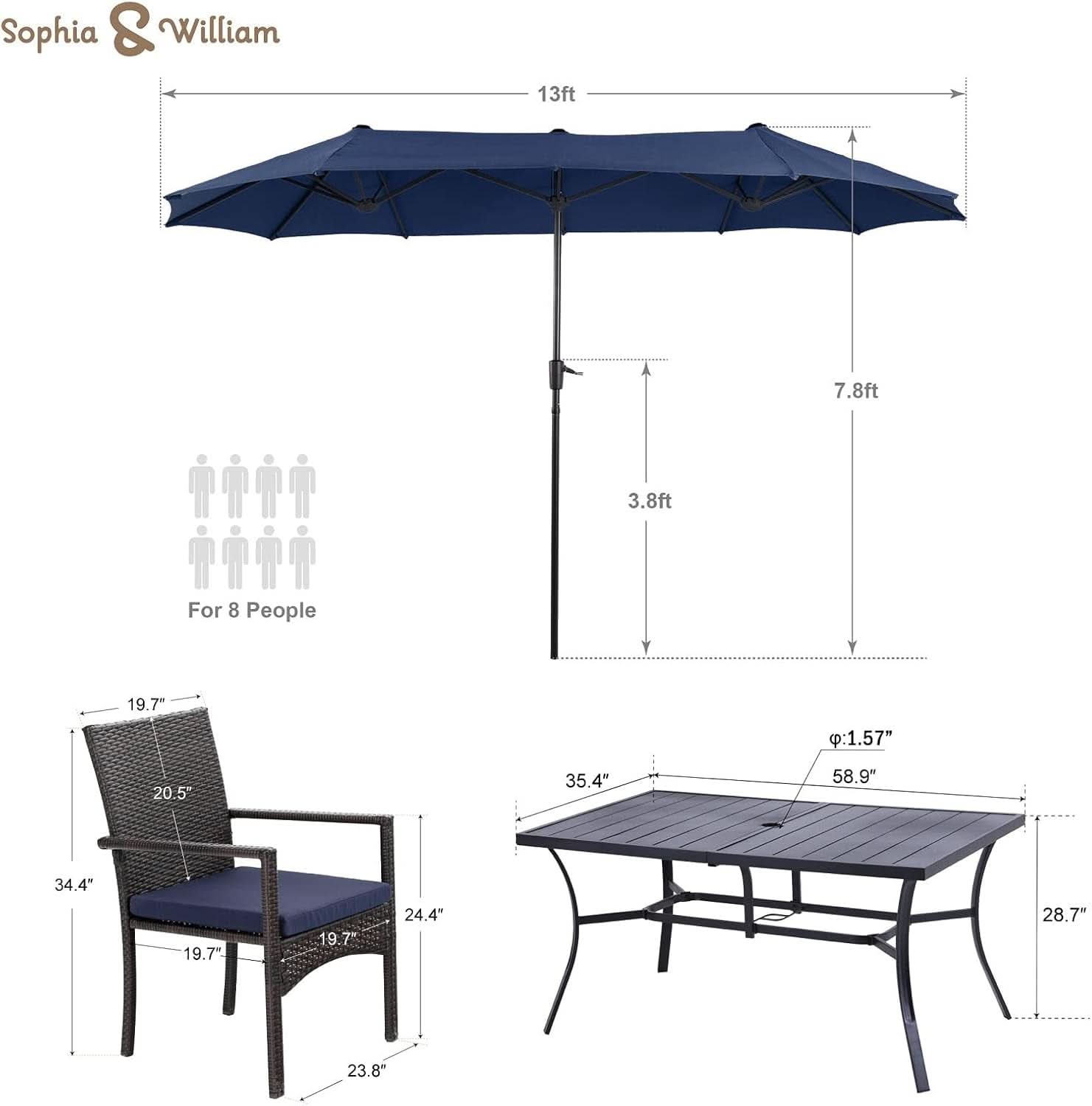 Navy Outdoor Patio Table And Chairs Set With Umbrella For 6