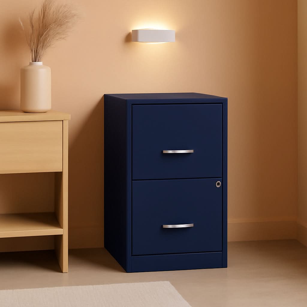 Navy Two Drawer File Cabinet With Smooth Glide Drawers, 14.2 By 18 By 24.5 Inches