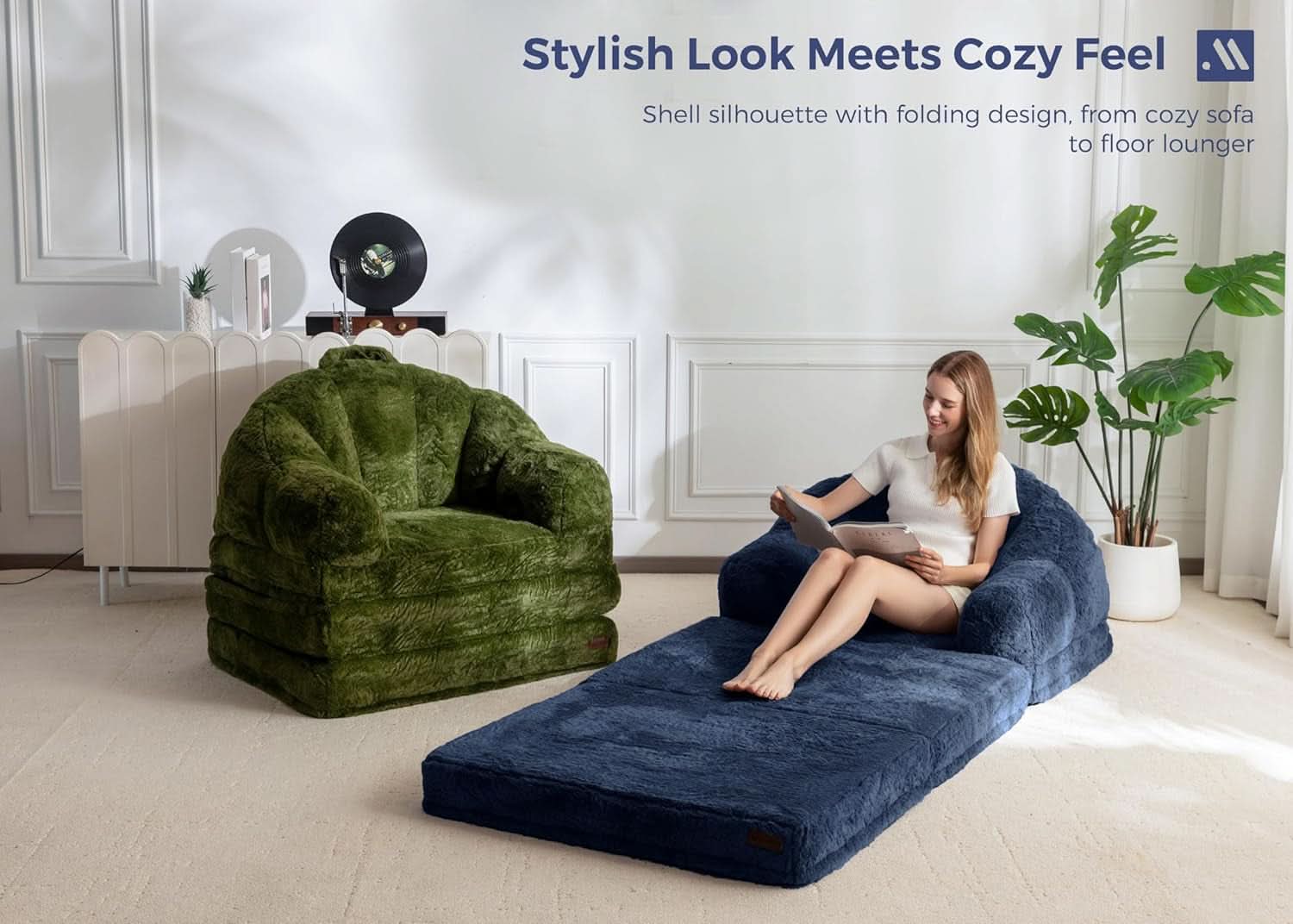 Navy Upholstered Folding Sofa Bed Convertible Lounger