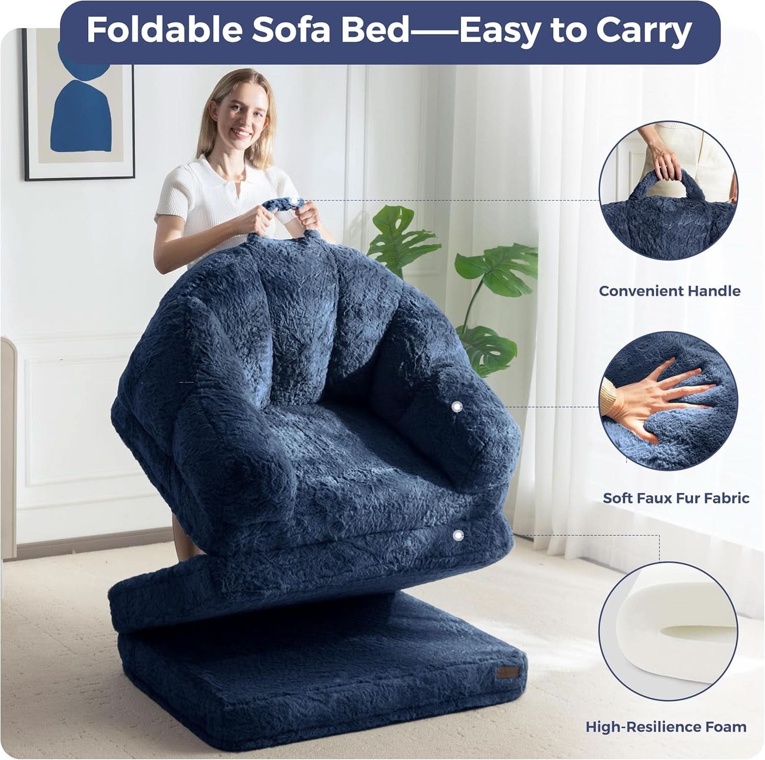 Navy Upholstered Folding Sofa Bed Convertible Lounger
