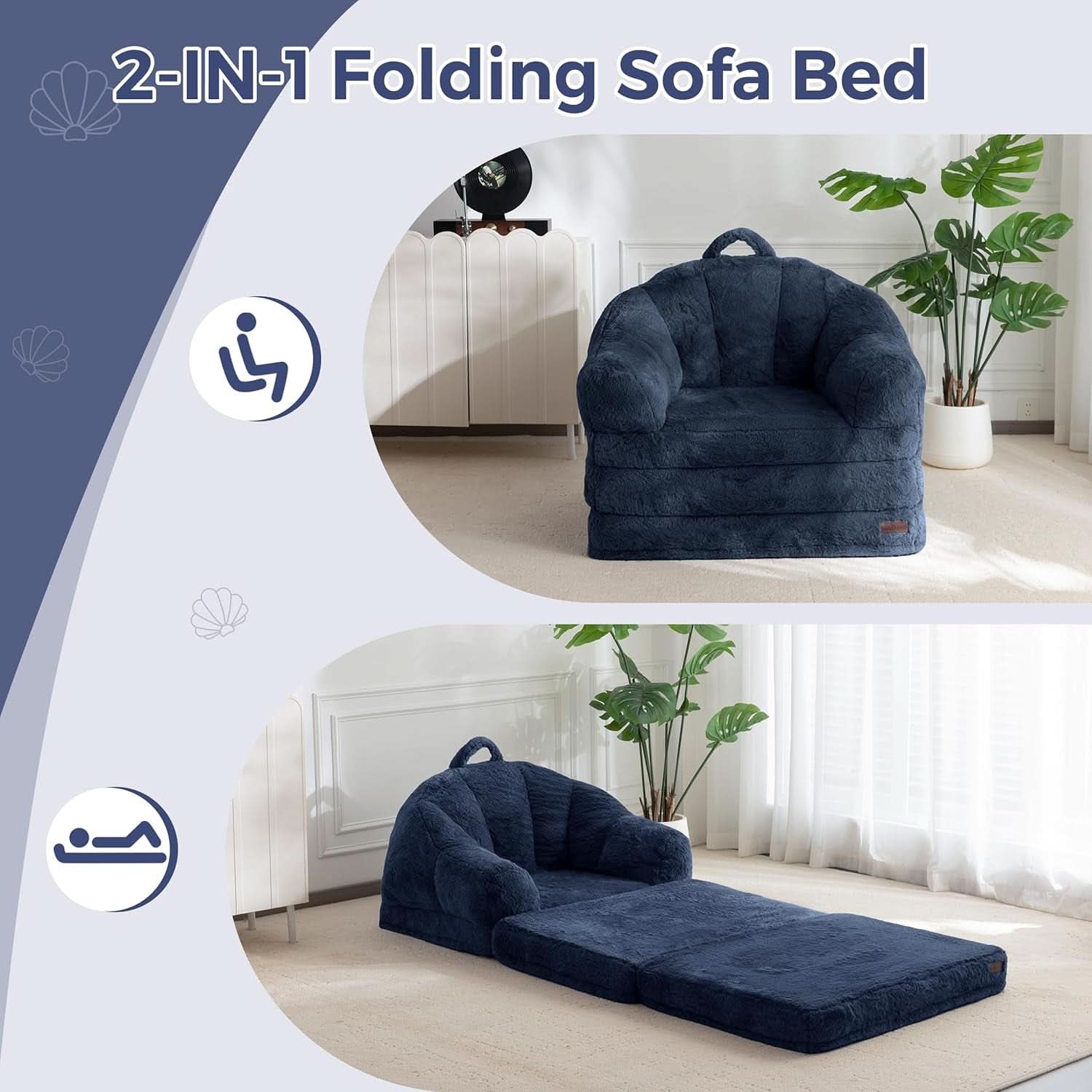 Navy Upholstered Folding Sofa Bed Convertible Lounger
