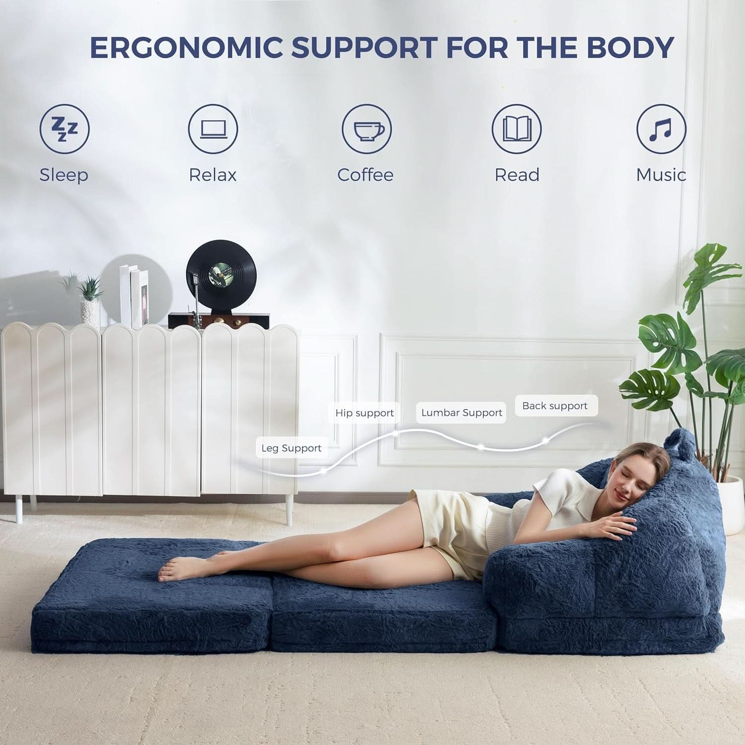 Navy Upholstered Folding Sofa Bed Convertible Lounger