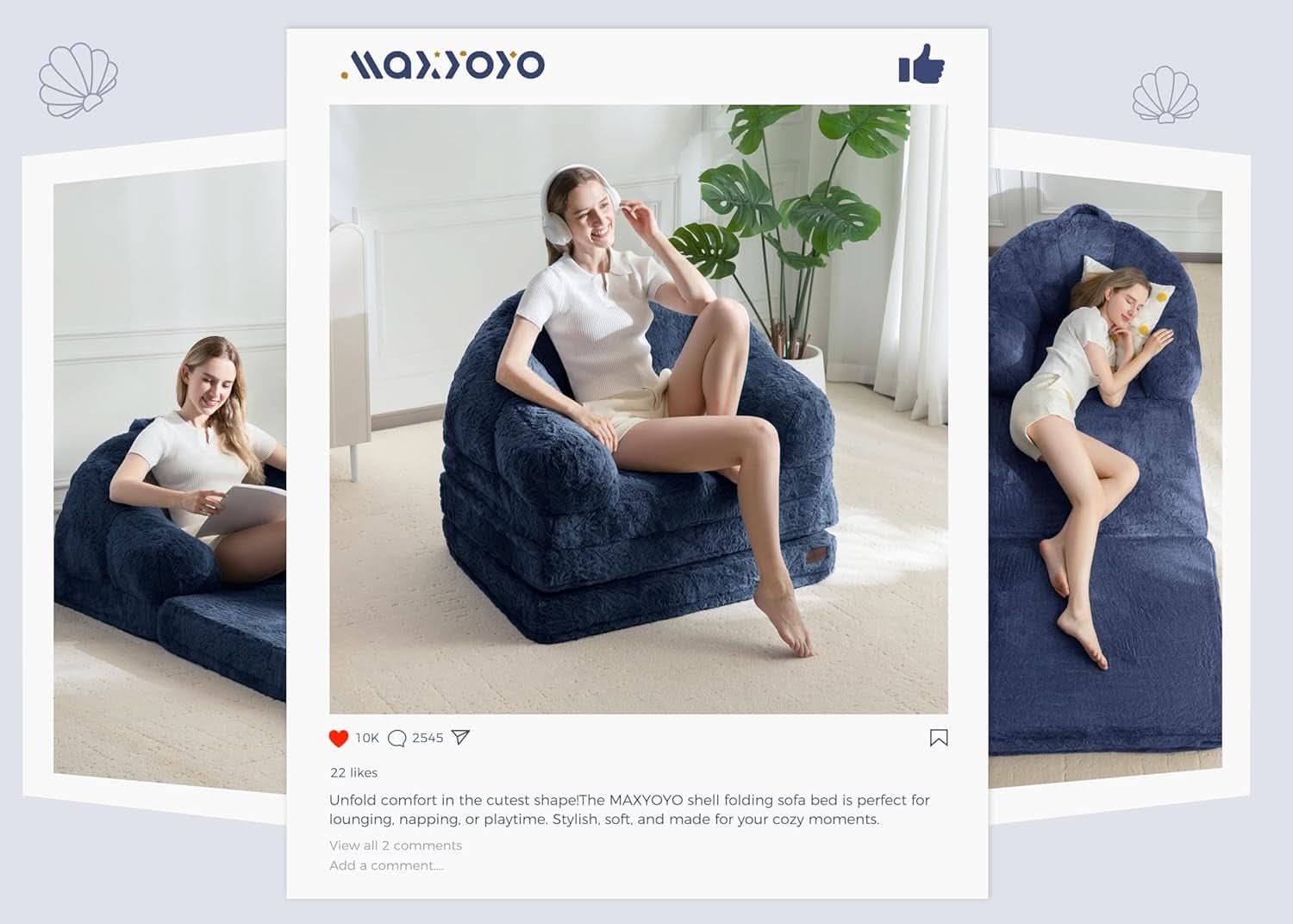 Navy Upholstered Folding Sofa Bed Convertible Lounger